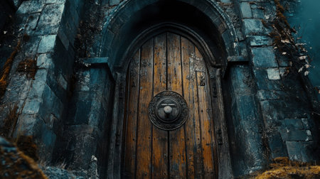 Explore the magnificent ancient door crafted from weathered wood and adorned with a decorative metal handle, surrounded by rugged stone architecture.の素材