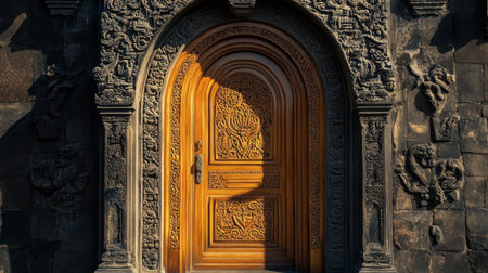 A beautifully crafted wooden door featuring intricate carvings set against a stone background, showcasing stunning architectural artistry and rich cultural heritage.の素材