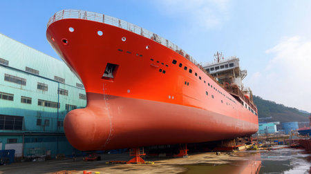 A large red ship stands in dry dock at a shipyard, showcasing the process of marine construction and maintenance under a clear blue sky.の素材