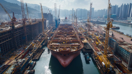A vibrant shipbuilding yard showcases a large vessel under construction, surrounded by cranes and bustling workers. The urban skyline adds depth to this maritime scene.の素材