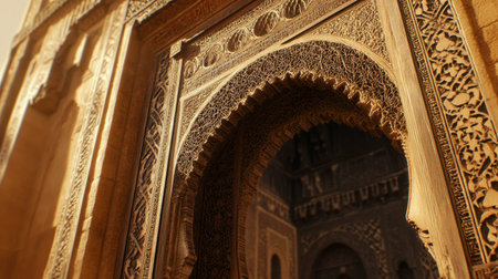 This image showcases intricate Islamic architecture featuring detailed carvings and elegant arches. The interplay of light and shadow highlights the craftsmanship of a historical masterpiece.の素材