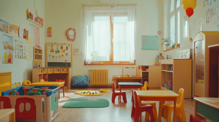 A vibrant preschool classroom designed for learning and play, featuring colorful furniture and educational toys, creating a cheerful and inviting atmosphere.の素材