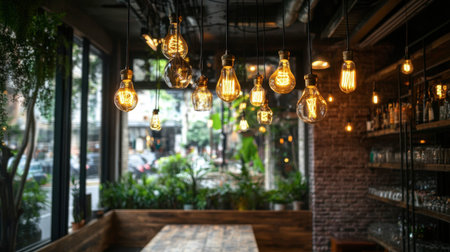 A beautifully designed cafe interior showcasing hanging light bulbs that create a warm and inviting atmosphere. The space features a wooden table, lush greenery, and a stylish urban aesthetic.の素材