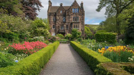 A stunning historic house enveloped by a vibrant garden showcases the beauty of nature. A serene pathway leads through colorful blooms and lush greenery.の素材