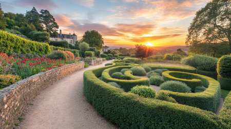 A tranquil garden pathway meanders through lush greenery, leading to a stunning sunset. The colorful flowers and vibrant sky create a serene outdoor landscape.の素材