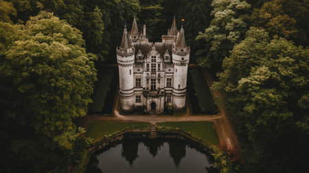 Enchanting view of a majestic castle nestled in a vibrant forest. Surrounded by water, this historical structure offers a picturesque scene perfect for travel and exploration.の素材