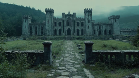 Explore the haunting beauty of an abandoned Gothic castle surrounded by lush greenery and enveloped in mist, creating a mysterious and tranquil atmosphere.の素材