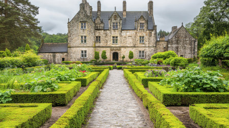 This captivating image showcases an elegant historic mansion framed by a picturesque garden. The lush greenery and structured pathways create a tranquil atmosphere, inviting visitors to explore the serene landscape.の素材