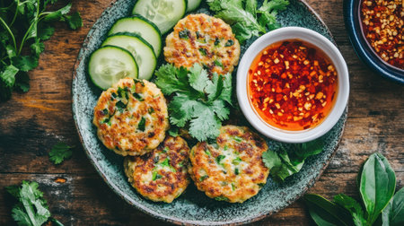 Delicious crispy vegetable patties served with a vibrant spicy dip and fresh cucumber slices. A perfect appetizer for any occasion. Enjoy the flavors!の素材