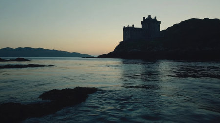 A captivating silhouette of an ancient castle during twilight, reflecting serenity over calm waters. Perfect for travel, history, and nature themes.の素材
