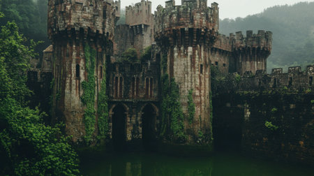 Majestic medieval castle stands proud amidst lush greenery and fog, creating a mysterious ambiance. The weathered stone walls and towers reflect a historic charm, ideal for explorers and photographers.の素材