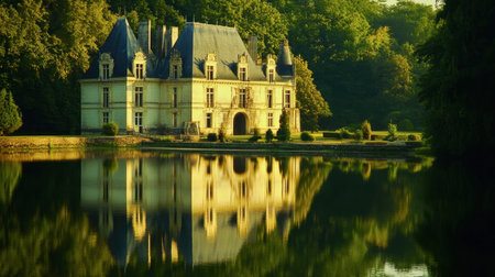 A stunning chateau set in a lush forest, beautifully reflected in calm waters, creating a tranquil scene that invites exploration and admiration of nature's beauty.の素材