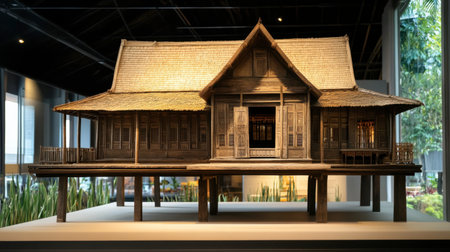A traditional wooden house on display at the Maha Viravong National Museum.の素材