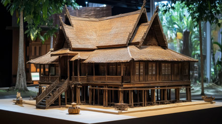 A traditional wooden house on display at the Maha Viravong National Museum.の素材
