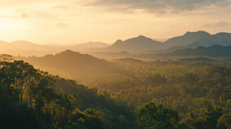 A sunset view over the mountains in Khao Yai National Park, with golden light illuminating the landscape.の素材