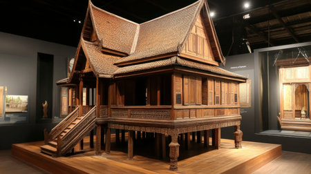 A traditional wooden house on display at the Maha Viravong National Museum.の素材