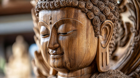 An intricate wood carving of the Buddha at Wat Luang Phor Toh, a spiritual landmark.の素材