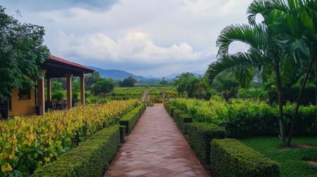 A tranquil walk through the vineyards of PB Valley Khao Yai Winery, surrounded by lush vines.の素材