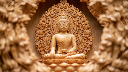 An intricate wood carving of the Buddha at Wat Luang Phor Toh, a spiritual landmark.の素材