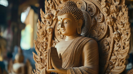 An intricate wood carving of the Buddha at Wat Luang Phor Toh, a spiritual landmark.の素材