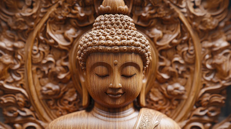 An intricate wood carving of the Buddha at Wat Luang Phor Toh, a spiritual landmark.の素材