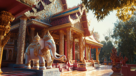 The beautiful architecture of Wat Ban Rai elephant-shaped temple, glimmering in the sunlight.の素材