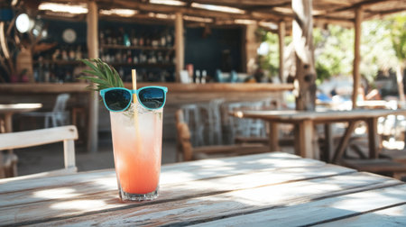 A vibrant tropical cocktail sits on a rustic wooden table, adorned with sunglasses, capturing the essence of summer relaxation in a beach bar environment.の素材