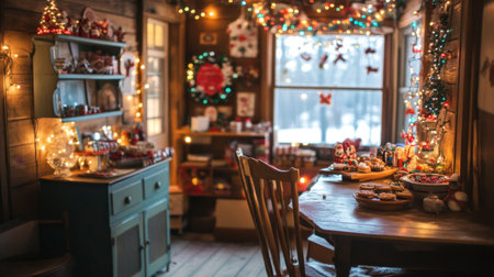 A charming holiday scene featuring a decorated room filled with lights, treats, and gifts. This cozy setting evokes warmth and festive cheer, perfect for seasonal gatherings.の素材