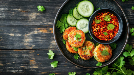 A vibrant arrangement featuring crispy vegetable patties, fresh cucumber slices, and a spicy red dip, perfect for a healthy snack or appetizer.の素材