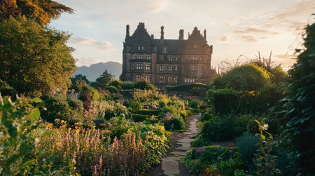 A breathtaking view of a majestic castle enveloped by a vibrant garden at sunset. The scene captures the beauty of nature with blooming flowers and lush greenery.の素材