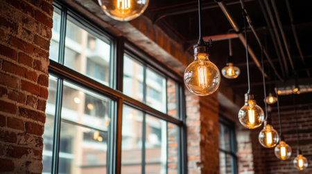 A captivating view of vintage light bulbs hanging in a modern industrial space, featuring brick walls and large windows that create a warm ambiance.の素材