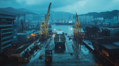A stunning twilight view of an industrial dock featuring a cargo ship surrounded by towering cranes, reflecting the vibrant activity of urban logistics and marine transportation.の素材