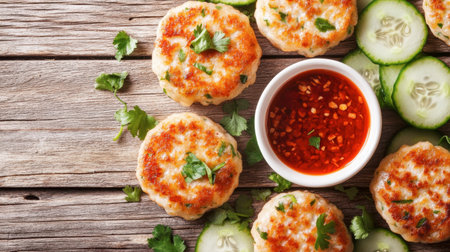 Enjoy these delicious herb-crusted chicken patties served with a zesty dipping sauce. Perfect for a flavorful snack or a delightful appetizer at any gathering.の素材