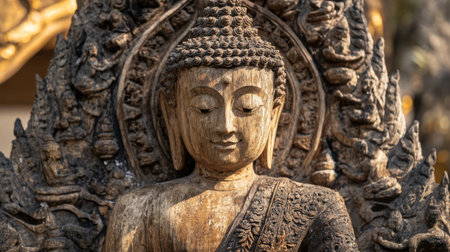 An intricate wood carving of the Buddha at Wat Luang Phor Toh, a spiritual landmark.の素材
