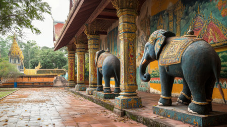 Elephant sculptures and vibrant murals decorating the grounds of Wat Ban Rai.の素材