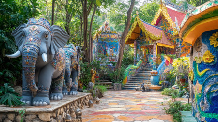 Elephant sculptures and vibrant murals decorating the grounds of Wat Ban Rai.の素材