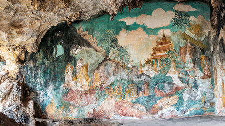 The colorful murals inside Wat Phayap Cave, depicting stories from Thai mythology.の素材