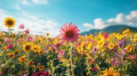 The colorful flower fields at Wang Nam Khiao, with sunflowers blooming under a clear blue sky.の素材