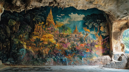 The colorful murals inside Wat Phayap Cave, depicting stories from Thai mythology.の素材