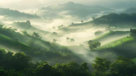 The cool, misty morning at Wang Nam Khiao, with rolling green hills and fog.の素材