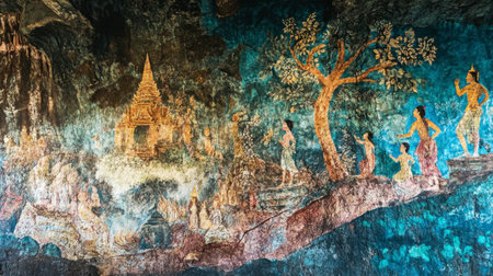 The colorful murals inside Wat Phayap Cave, depicting stories from Thai mythology.の素材