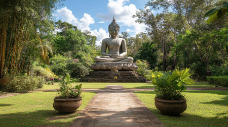 The grand Buddha statue at Wat Sala Loi, surrounded by peaceful gardens.の素材