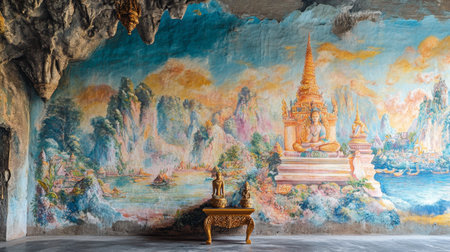 The colorful murals inside Wat Phayap Cave, depicting stories from Thai mythology.の素材