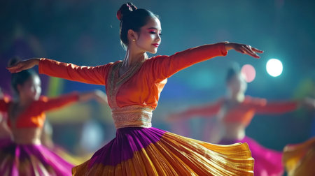 The cultural performances at Korat Annual Thao Suranaree Fair, showcasing traditional Thai dance.の素材