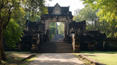 The grand entrance of Phimai Historical Park, showcasing ancient Khmer architecture.の素材