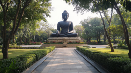 The grand Buddha statue at Wat Sala Loi, surrounded by peaceful gardens.の素材