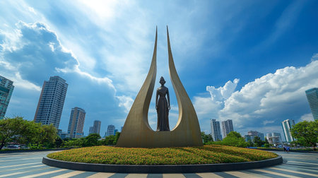 The iconic Thao Suranaree Monument, honoring the heroine of Korat, in the city center.の素材