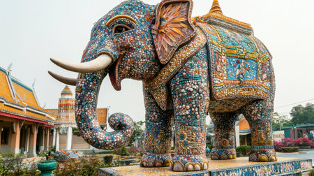 The intricate mosaics and sculptures of the giant elephant at Wat Ban Rai under a clear sky.の素材
