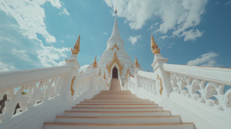 The grand white pagoda at Wat Phra That Phanom, a sacred temple near Korat.の素材