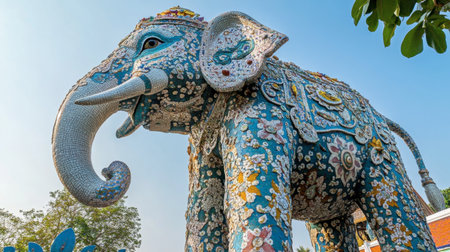 The intricate mosaics and sculptures of the giant elephant at Wat Ban Rai under a clear sky.の素材